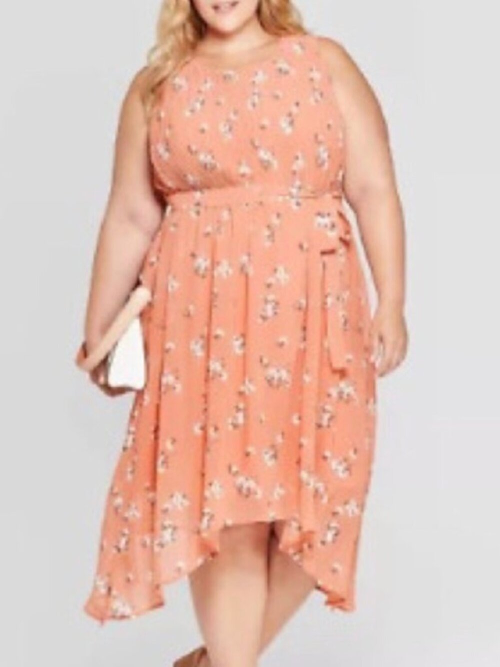 AVA & VIV Plus Size Floral Pleated Midi Dress Peach Pink Orange Hi-Lo 1X NO BELT